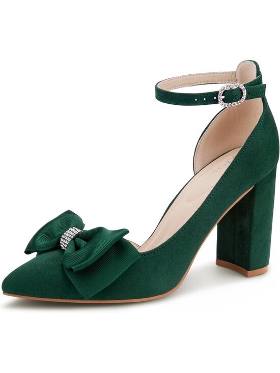 Shoes - Women's Green Su Pointed Toe Pumps Bow on Toe Ankle Strap Chunky Block Heel